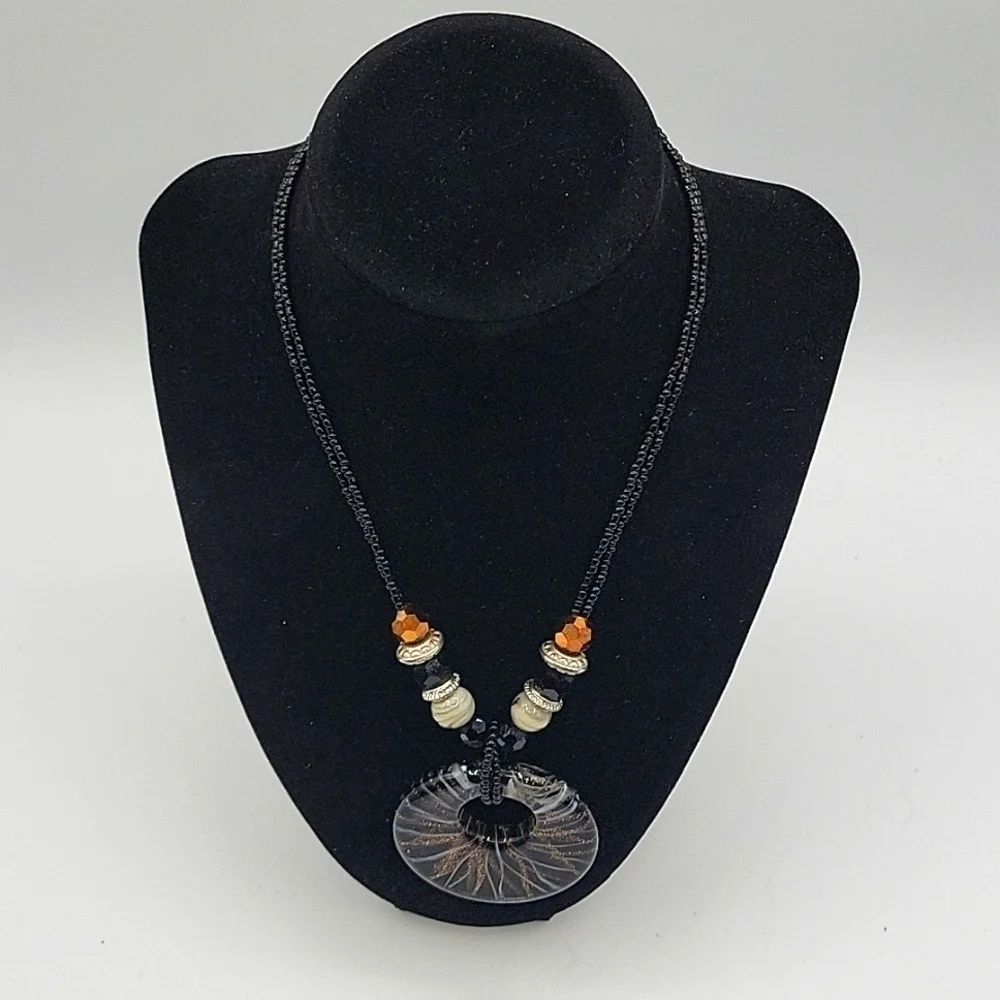 Vintage Double Stranded Adjustable Necklace Circular Medallion Black Bronze